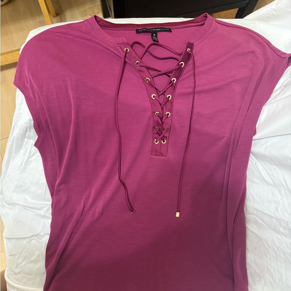 White House Black Market Magenta Lace-Up Blouse